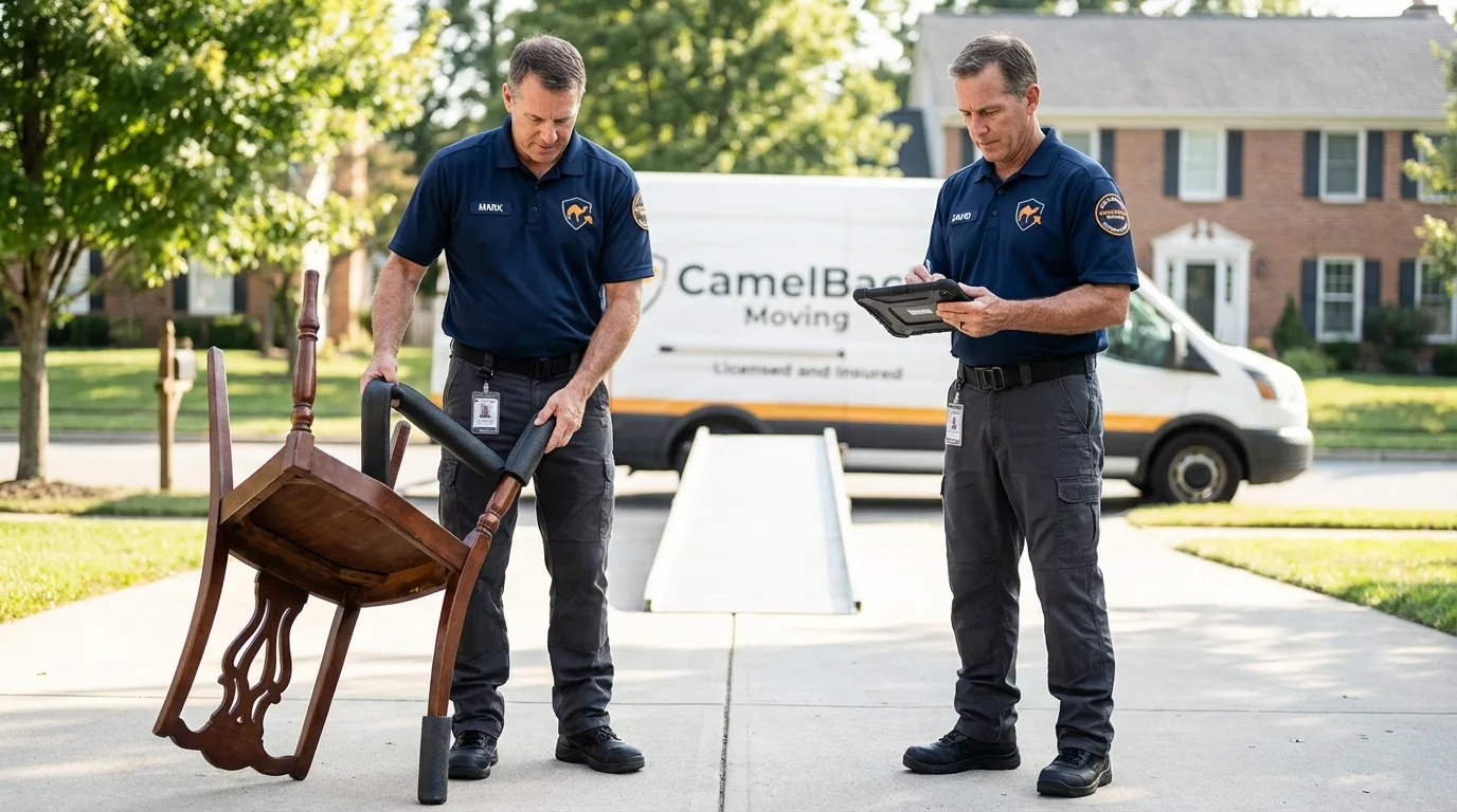 Movers inspecting furniture for damage prevention before loading in Palermo, ME