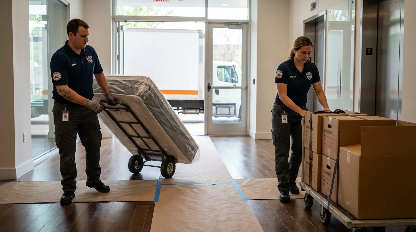 Professional apartment movers loading elevator in Palermo, ME
