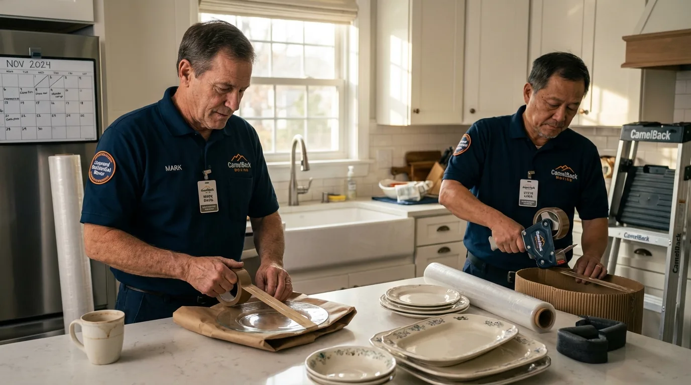 Professional crew packing kitchen dishware in Palermo, ME